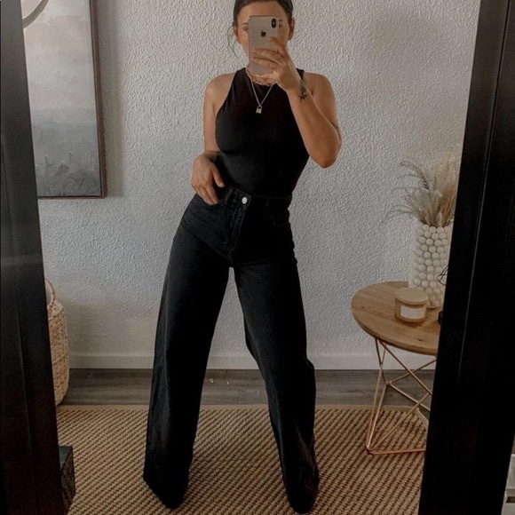 Zara Denim - Zara Wide Leg High Rise Full Long Length Raw Hem Black Jeans US 8 Blogger Fave